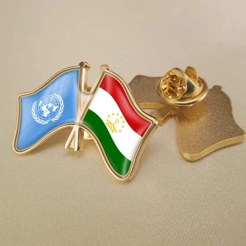 

United Nations and Tajikistan Crossed Double Friendship Flags Brooch Badges Lapel Pins