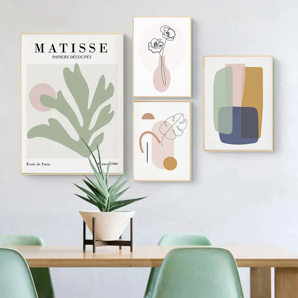 

Абстрактный постер Matisse с розовыми и зелеными линиями, художественный принт в скандинавском стиле, ботаническая живопись на холсте, совреме...