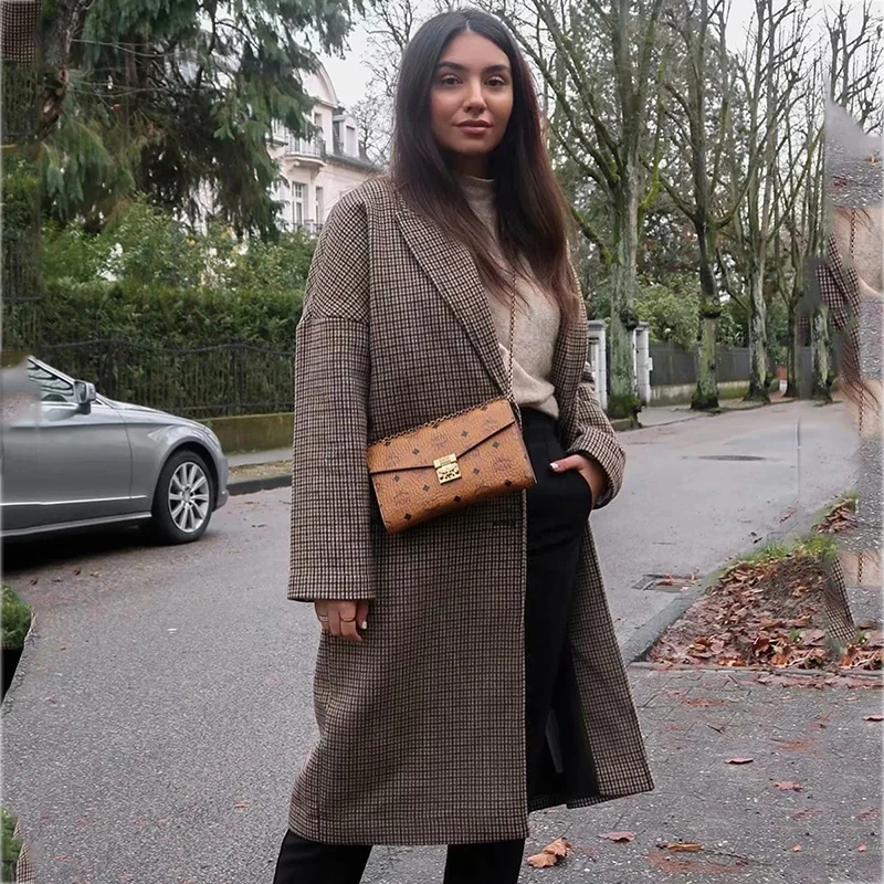 

Foridol vintage plaid coffee long wool blend coat autumn winter checkered coat casual streetstyle elegant long coat 2021