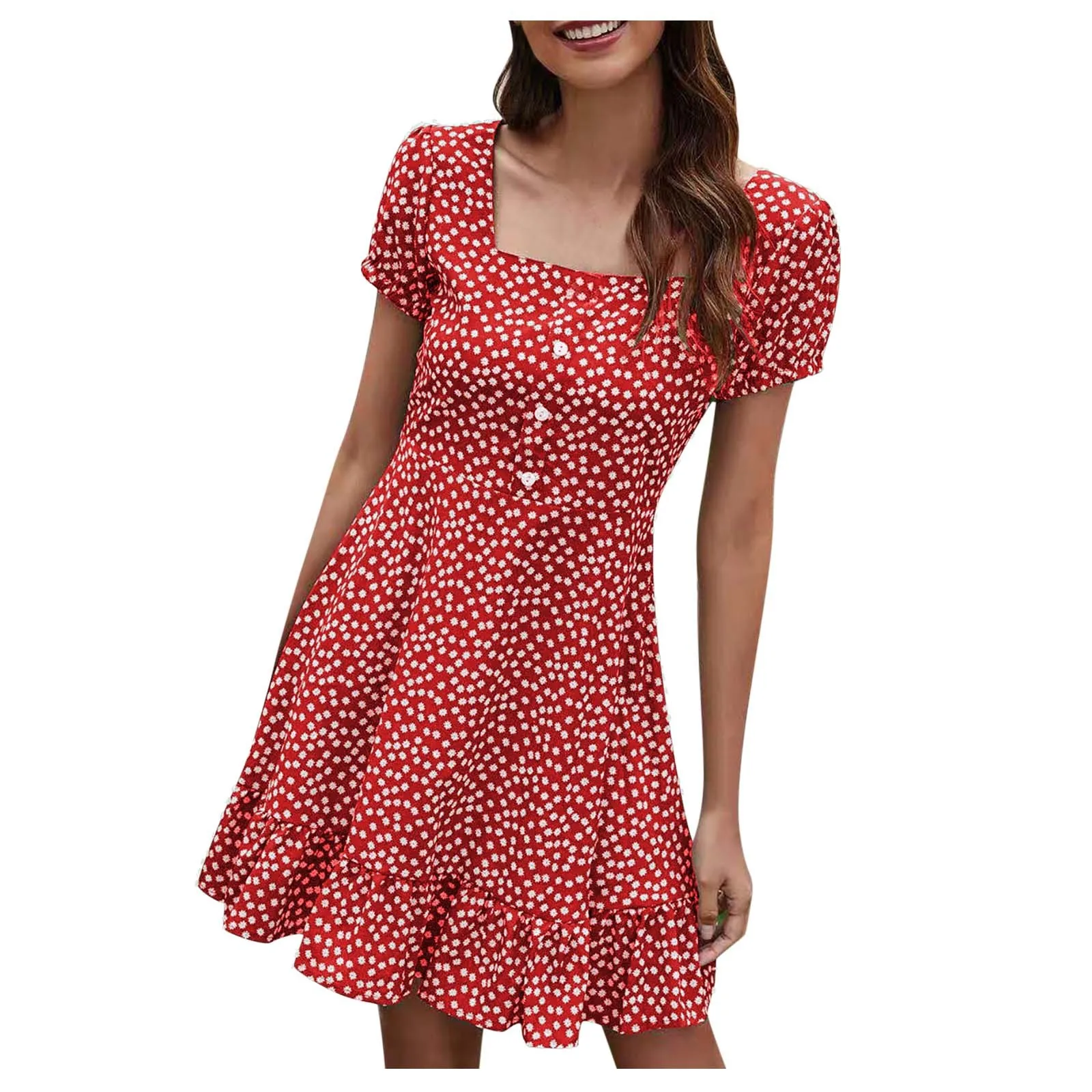 

Daisy Summer Dresses Square Collar Buttoned Waist Ruffled Mini Dress Short Sleeve Holiday Sundresses Women