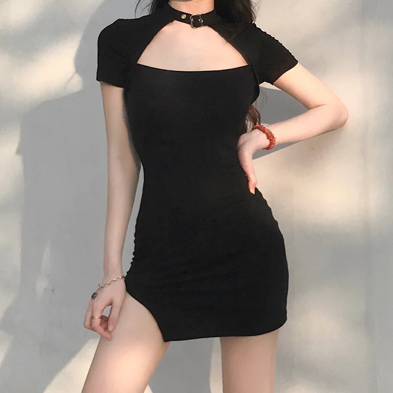 

Summer new hollow out neck dress women's side slit Slim Fit Sexy little black skirt with buttocks
