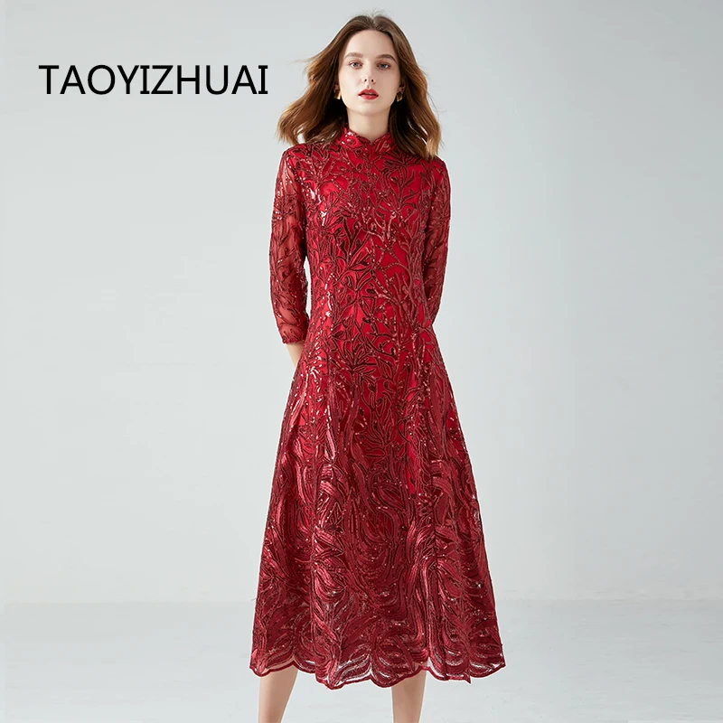 Plus Size Beading Prom Dresses Long  Spring and autumn new brand temperament mother in law wedding sequins dress Sexy robes