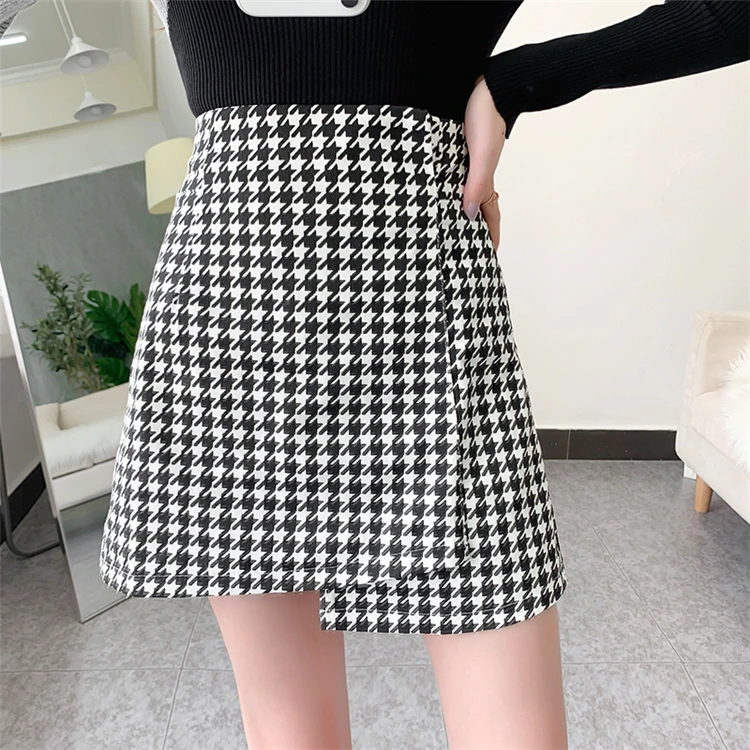 

Черные летние клетчатые юбки с рисунком «гусиные лапки», женские корейские Облегающие юбки с высокой талией, черные шерстяные мини-юбки а-с...