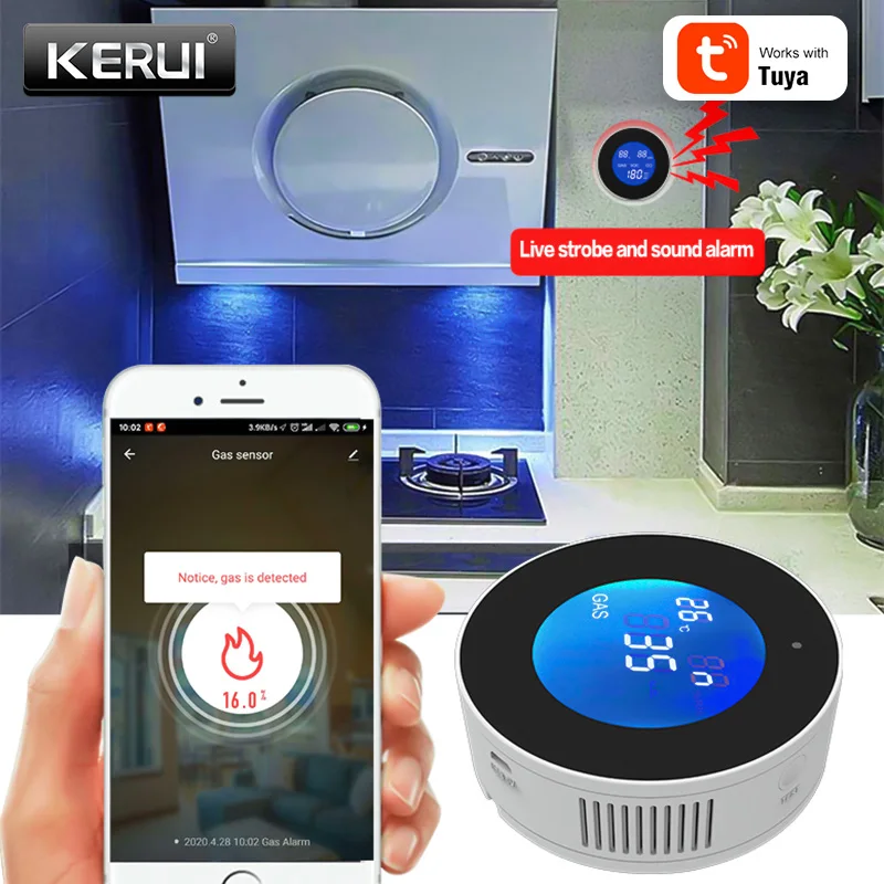 KERUI Tuya умный ЖК дисплей Wifi датчик природного газа с температурой домашний
