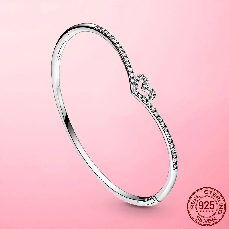 

Female Bracelet 925 Sterling Silver Sparkling Wishbone Heart Bangle Bracelets for Women Fashion Jewelry Gift Pulseira Zircon