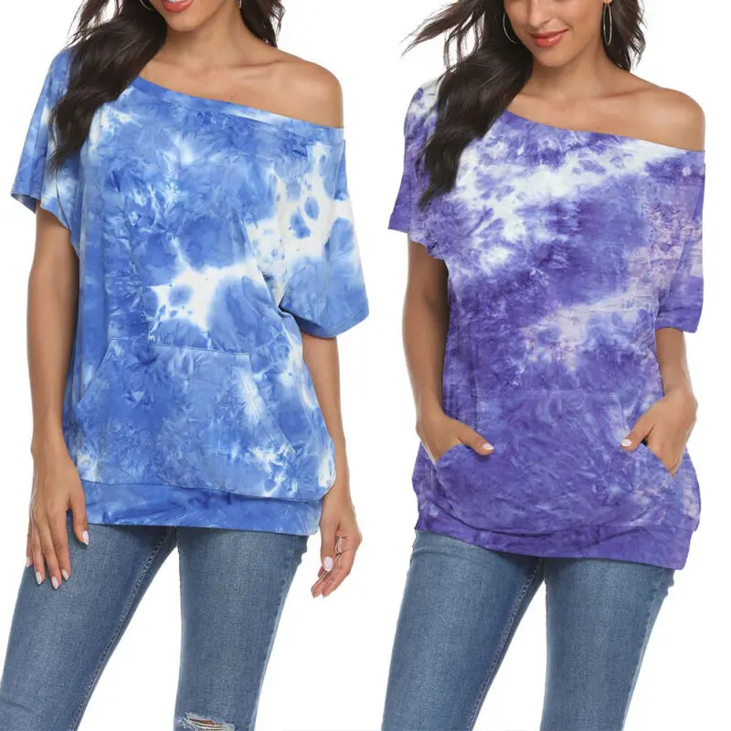 

Womens Casual Off of Shoulder Tie dye Tops Ladies Pocket Sexy Summer T-shirt