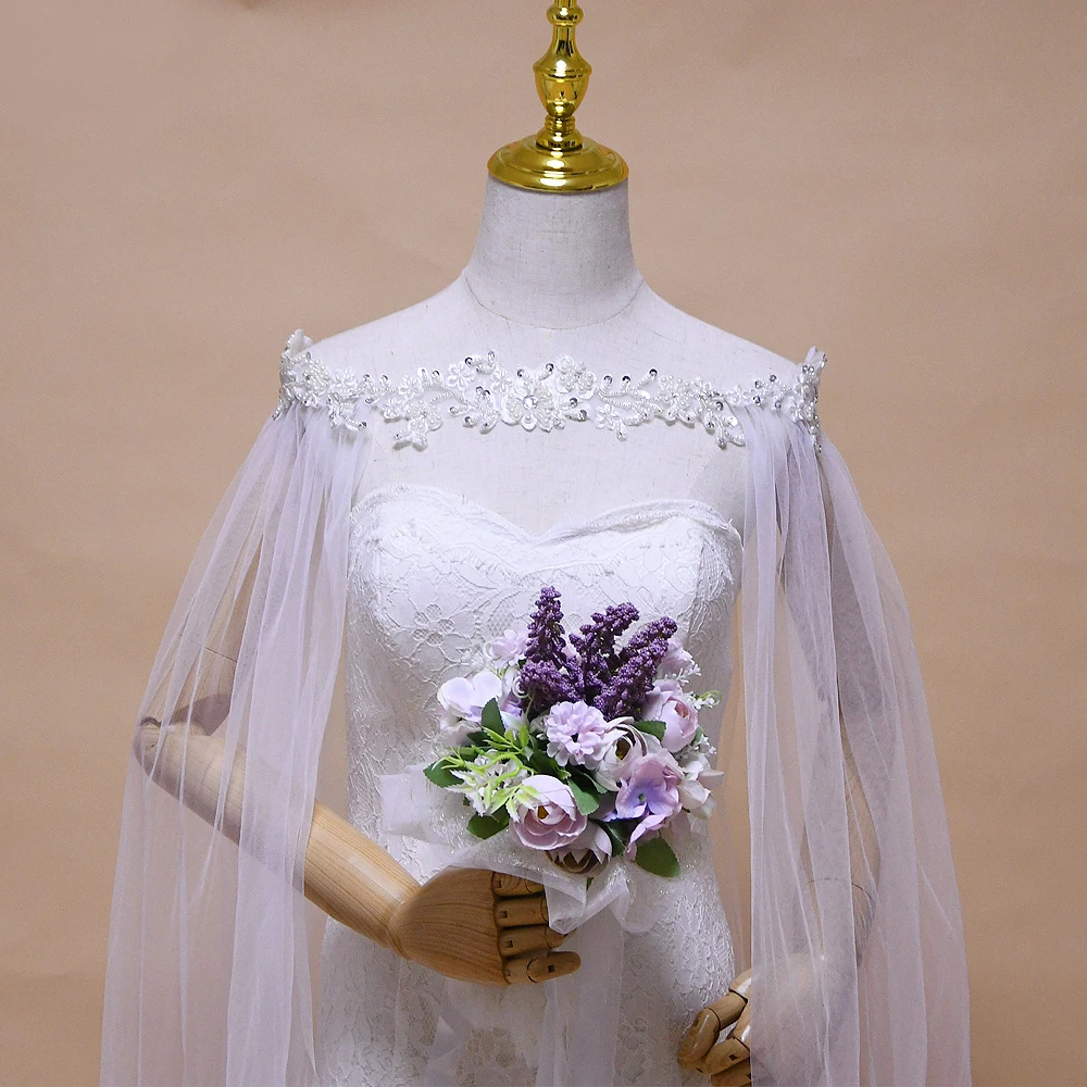 

YouLaPan G26 White Bridal Tulle Women Evening Bolero Cape For Bride Dress Coat Wedding Accessories Long Cloak Cape Bridal Shawls