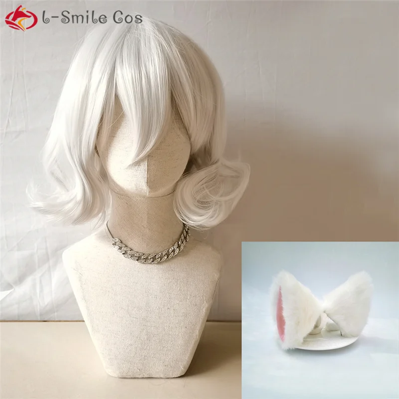 

Anime Hunter x Hunter Neferpitou Cosplay Wig With Ears Hairpins Sliver White Short Curly Wigs Heat Resistant Hair Wigs + Wig Cap