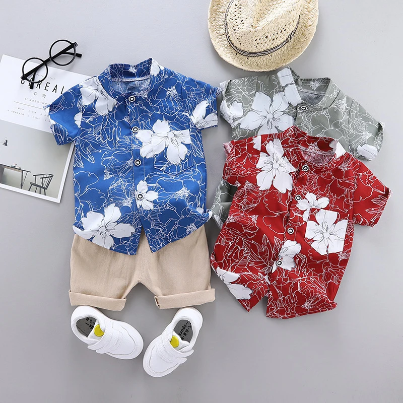 White Big Flower Shirt Casual Printed Summer Short Sleeve &amp Pants Two-piece Sets | Детская одежда и обувь