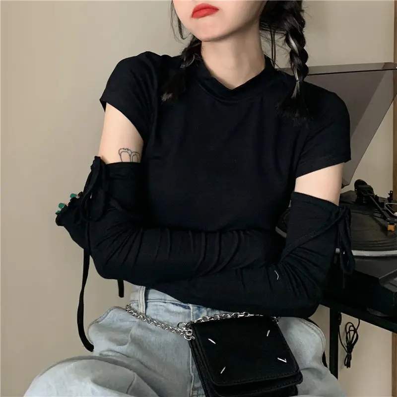 

Women Long Sleeve T-shirts Solid Crop Tops Slim Hot Fashion Casual Irregular Designed Teenagers Streetwear Sweet Bandage Tender