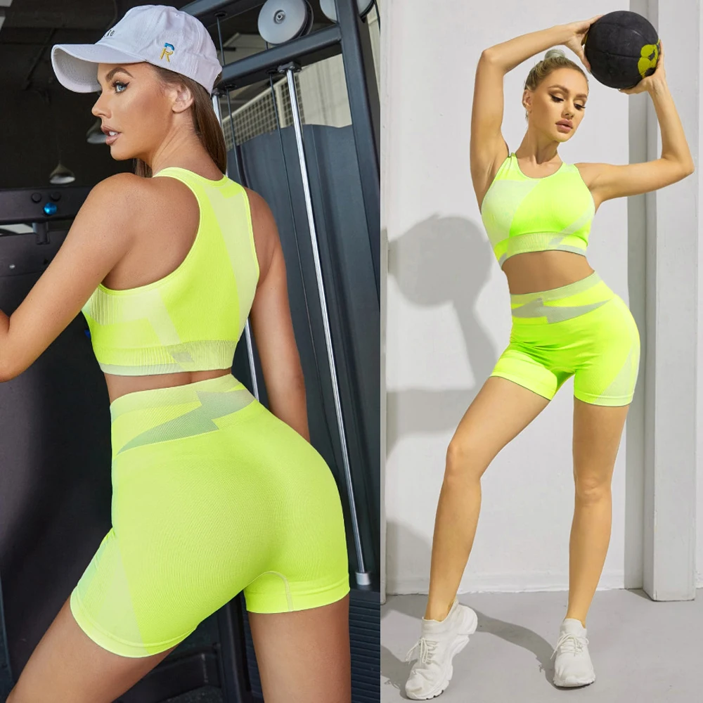 

Seamless Yoga Set Workout Clothes for Women Ribbed Gym Set 2 Piece Sport Set Women Sports Bras Yoga Shorts Women Free Shipping