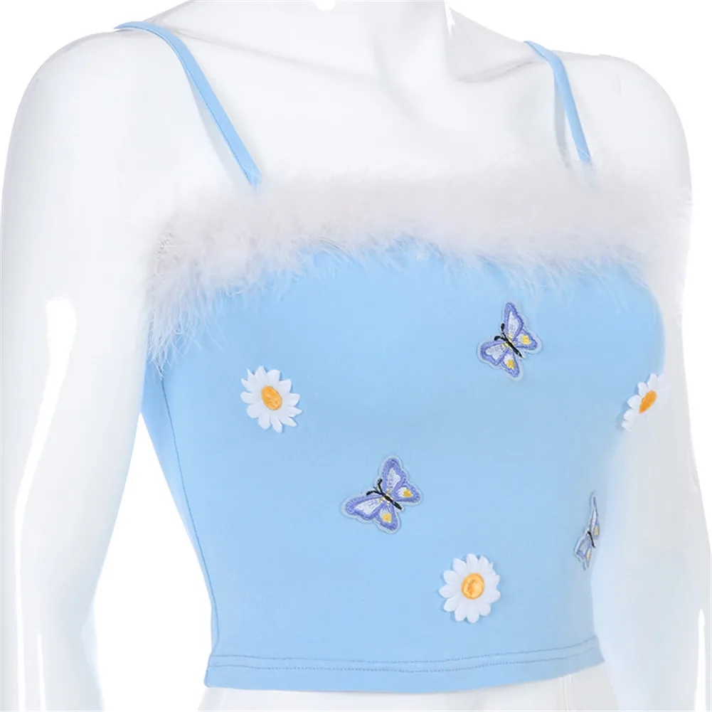 Ladyfirsy Elegant Blue Strap Vest for Women 2020 Fashion Butterfly Flower Embroidery Feather Party Statement Female Short Vest|Майки| |