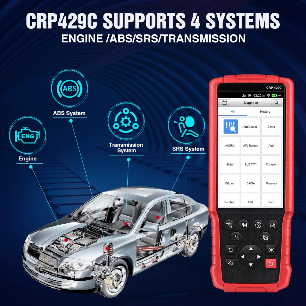 Автоматический диагностический инструмент LAUNCH X431 CRP429C OBDII для двигателя/ABS/SRS/AT с 11