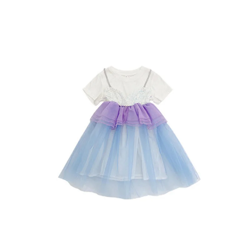 

2021 girls dress summer new fashion little baby girl fake two-piece suspender princess dress