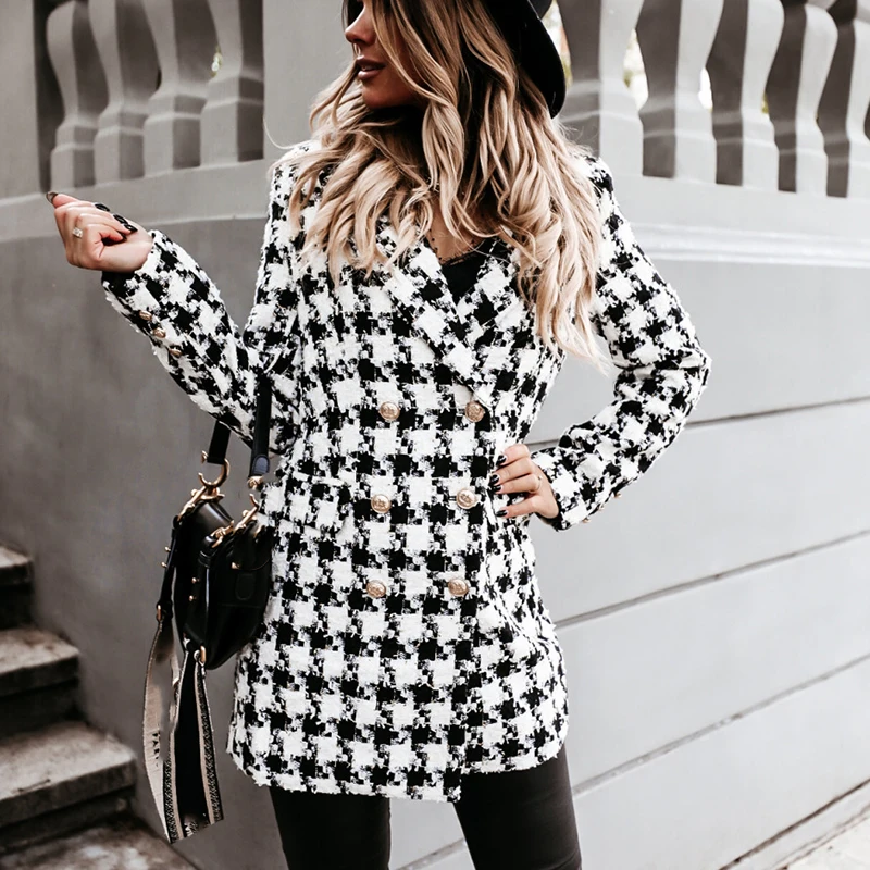 Женская клетчатая куртка на пуговицах двубортный офисный кардиган с отложным