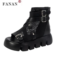 2021 gladiator round head ladies black white mesh hollow woven leather shoes buckle thick bottom roman casual beach sandals