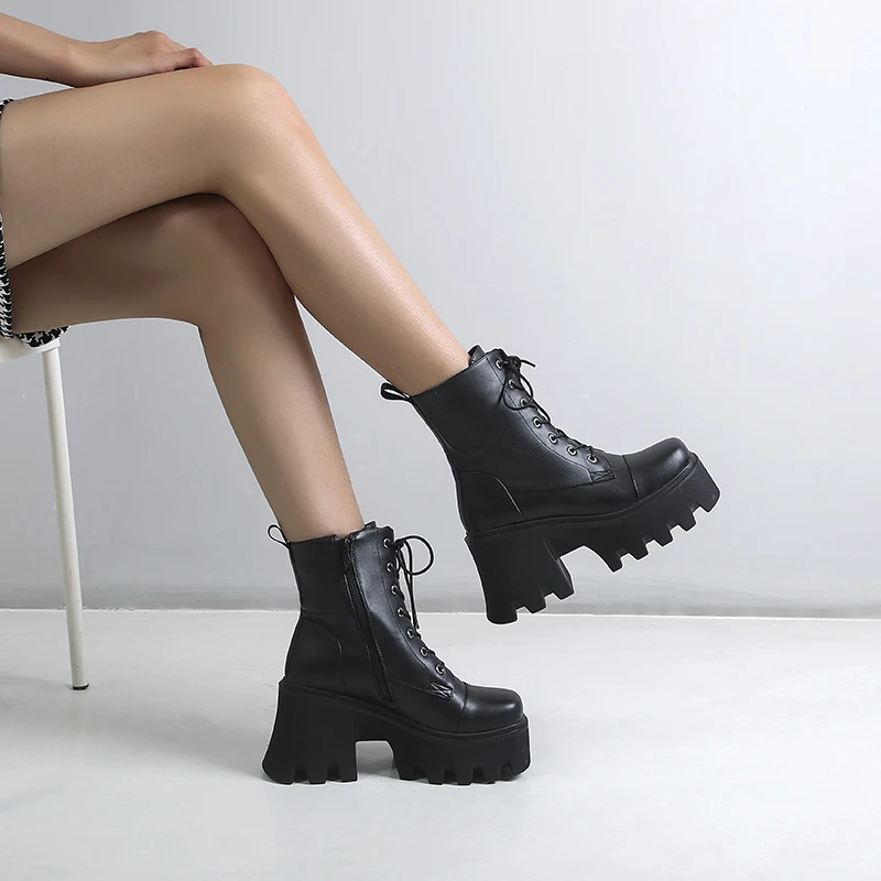 

Chunky Platform Heels Pu Leather Ankle Boots Women Retro Punk Short Boots Woman Lace-up Booties Mujer 2021 New Fall
