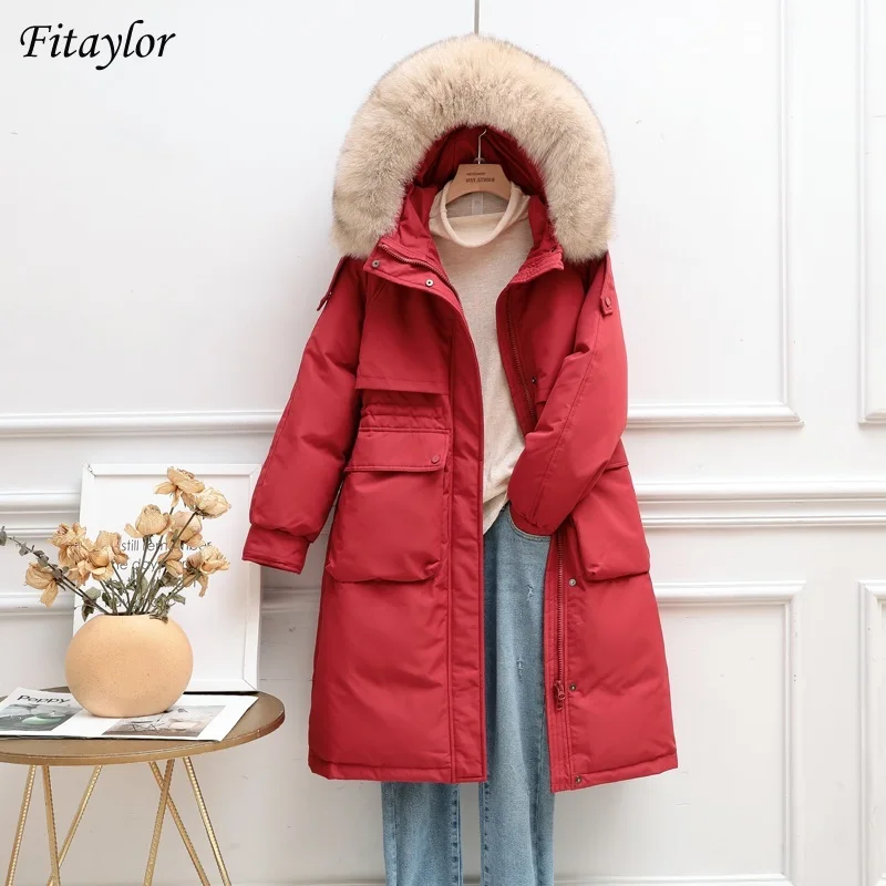 

Fitaylor Winter Women Down Long Jacket Large Natural Fur Collar Hooded Coat 90% White Duck Down Parkes Thickn Snow Warm Outwear