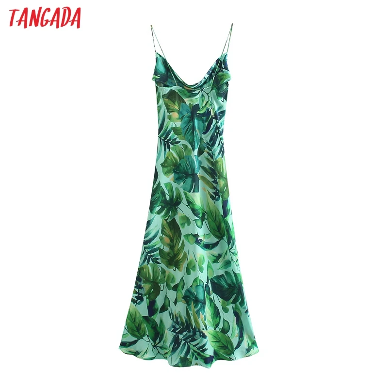 

Tangada 2021 Fashion Women Leaves Print Strap Dress Sleeveless Backless Female Casual Long Dress 5Z119