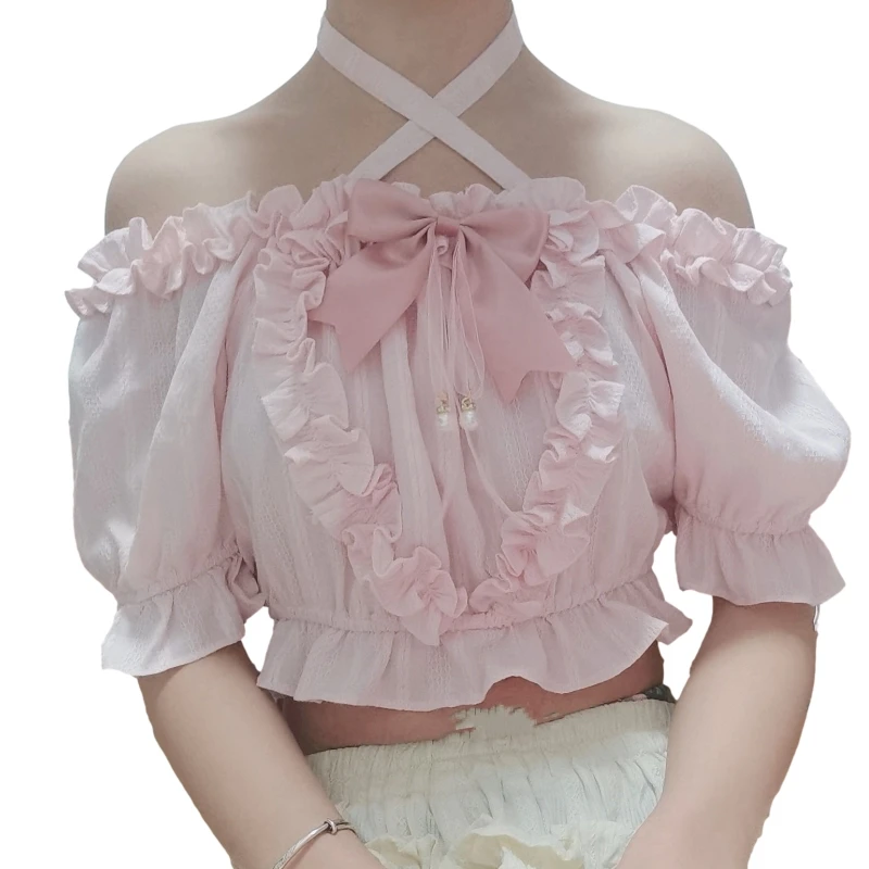 

Summer Japanese Lolita Pink Blouse Women Cute Vintage Ruffles Short Sleeve Crop Tops Female Kawaii JSK Cosplay Princess Shirts