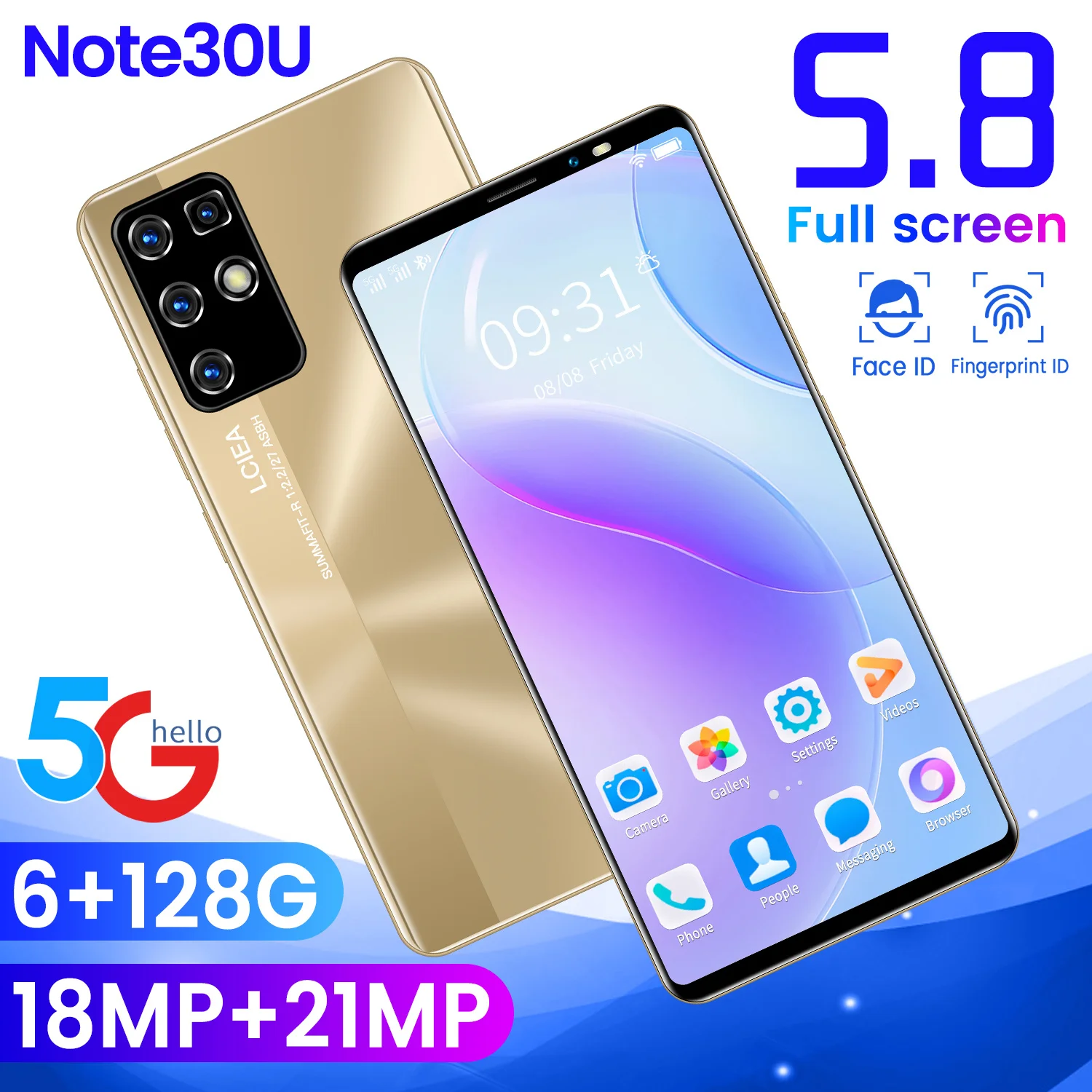 

Hot Sale Galxy NOTE30U 6GB+128GB Fingerprint ID Face Unlock 18+21MP Dual SIM Smart Phone MTK6895 Andriod 10 Cell Phones Celular