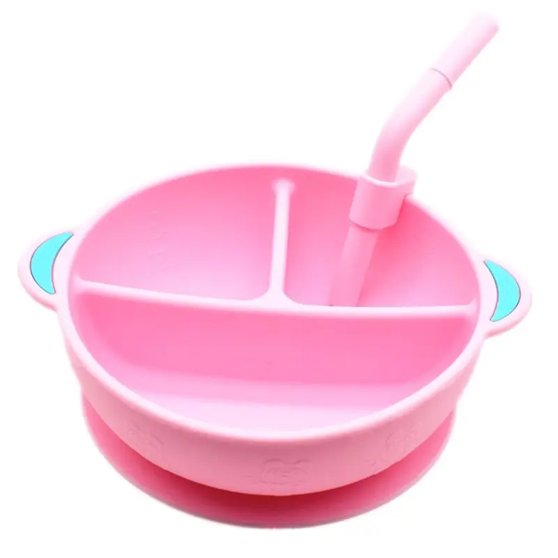 

Baby Plate Divided Food Bowl with Straw Portable 3 Grid Silicone Dish Tableware