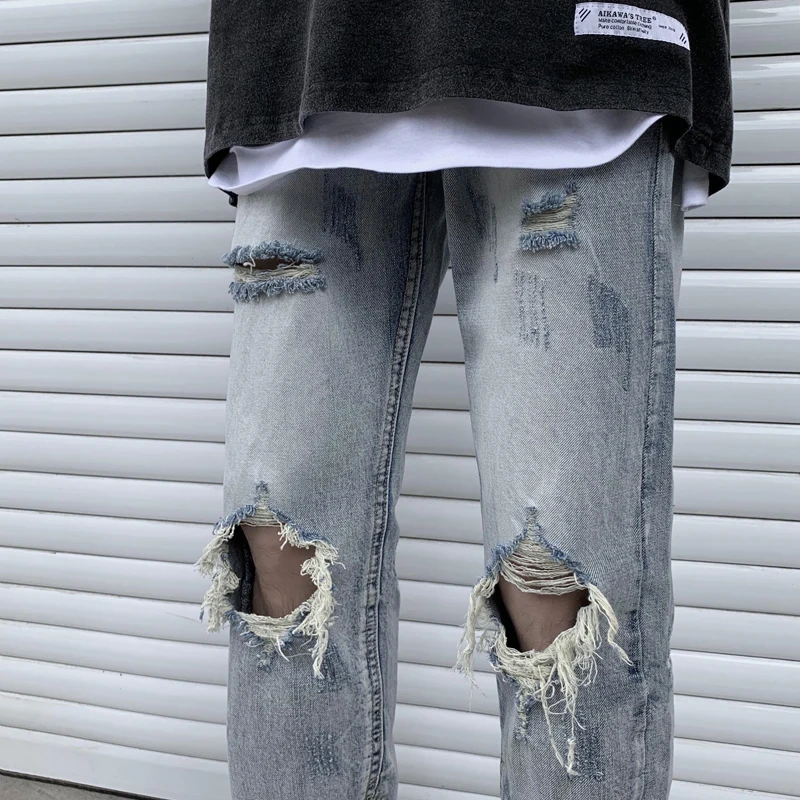

2020 Spring And Autumn New Youth Popular Loose Solid Color Big Hole Slim Jeans Fashion Casual Straight Pants Blue M-2XL