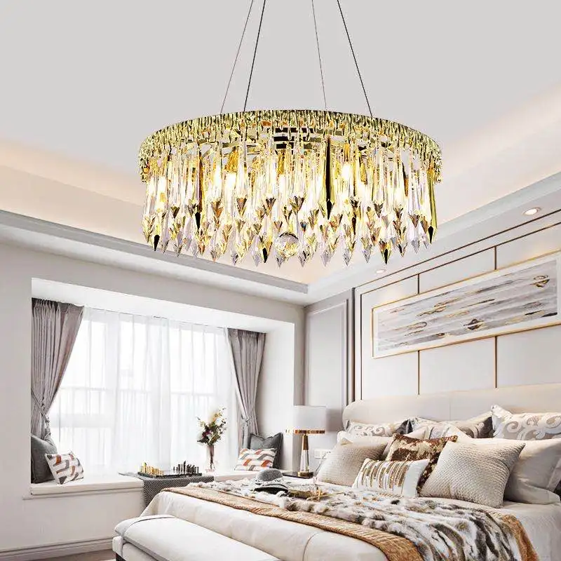 

Luxury Copper Crystal Round Chandelier for Living Room Dining Table Gold Retro Home Decor Hanging Lamp Kitchen Island Villa Hall