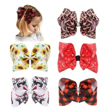 Oaoleer 6.5 Inch Ribbon Hair Bows Clips Bowknot Leopard Sunflower Hairpins Barrettes for Baby Girls Rhinestones Hair Accessories (4)