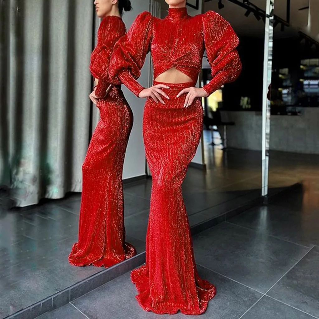 Женское платье в пол с длинным рукавом элегантное строгое для выпускного вечера