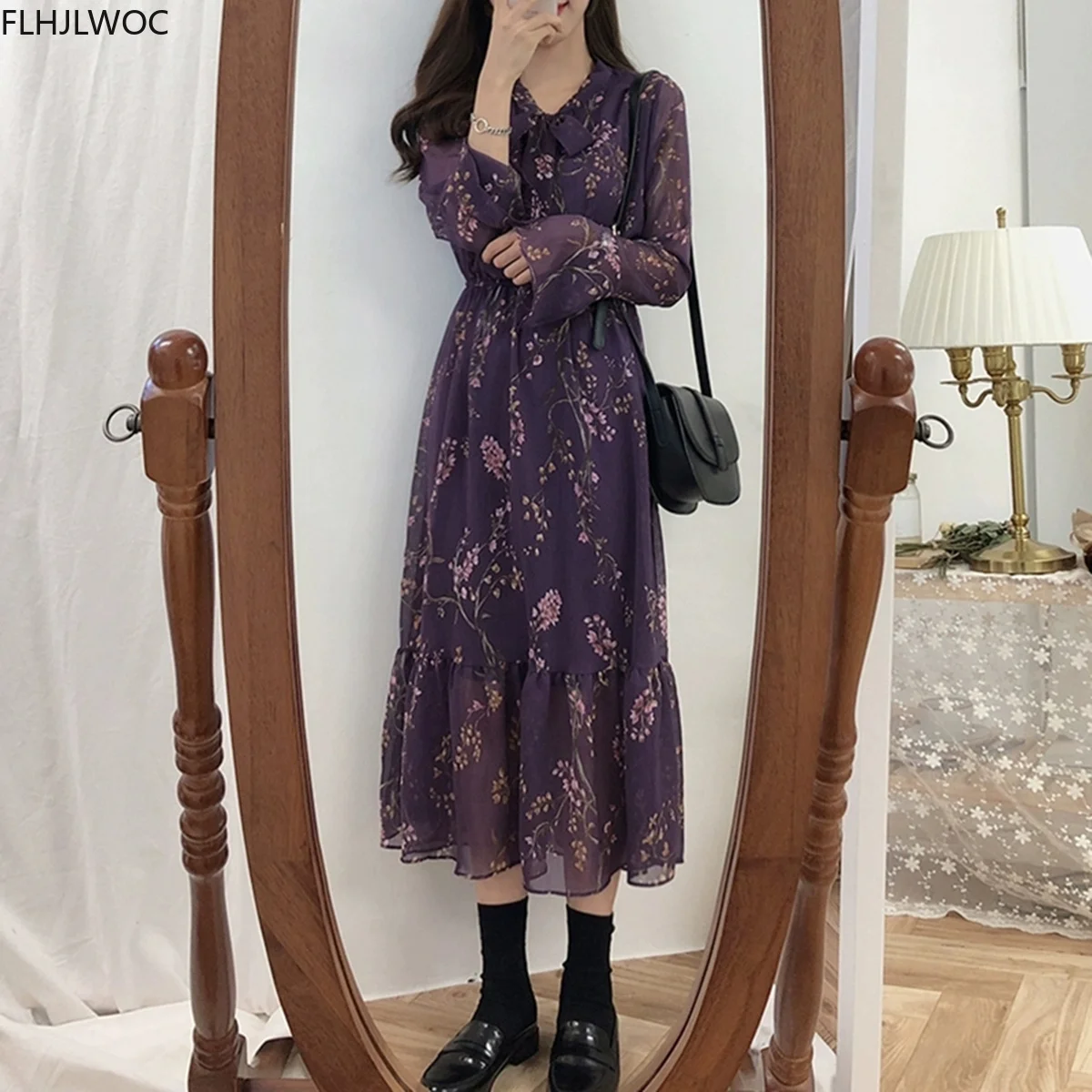 Женское платье с галстуком-бабочкой милое винтажное длинным рукавом в японском и