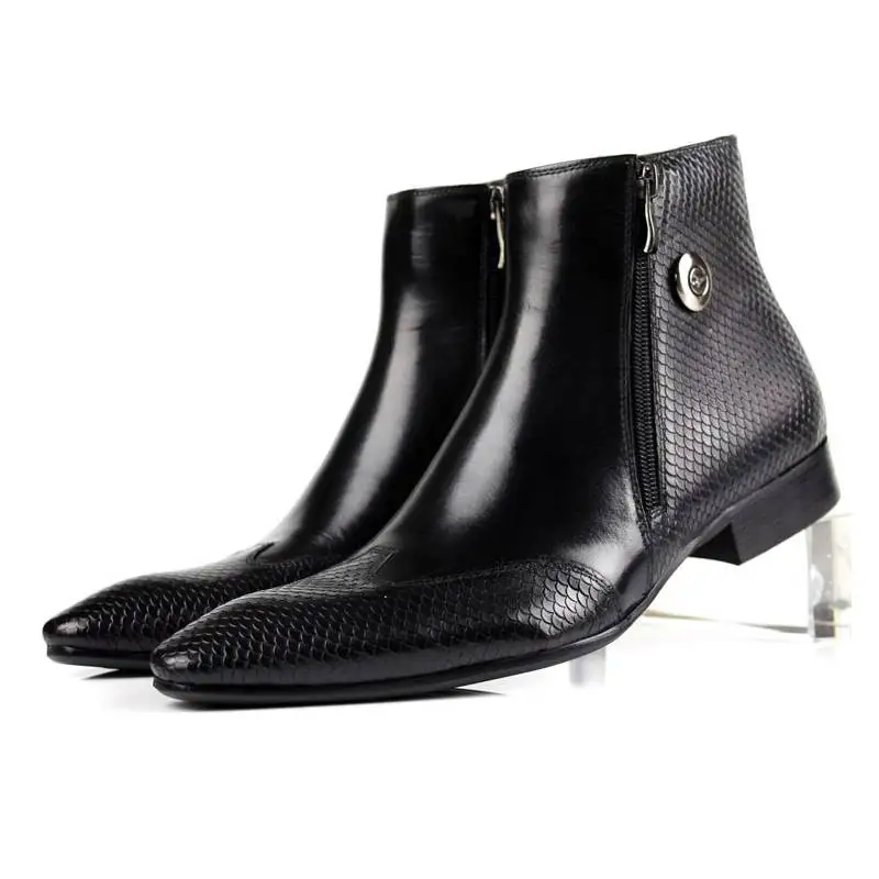 

New Cowhide Pointed Toe Genuine Leather Fashion Men's Zipper Work Bullock Patterns Oxford Dress Shoes For Men Boots