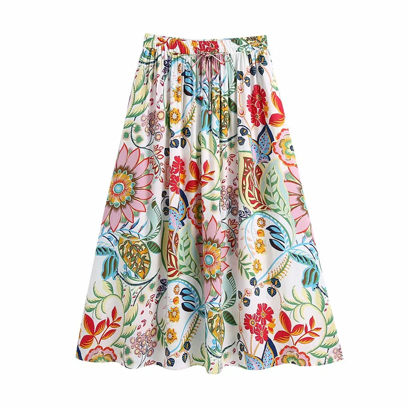 

Za 2021 Flowers Print Midi Skirt Women Vintage High Waist Pleated Midi Skirts Woman Elastic Drawstring Waist Summer Skirt