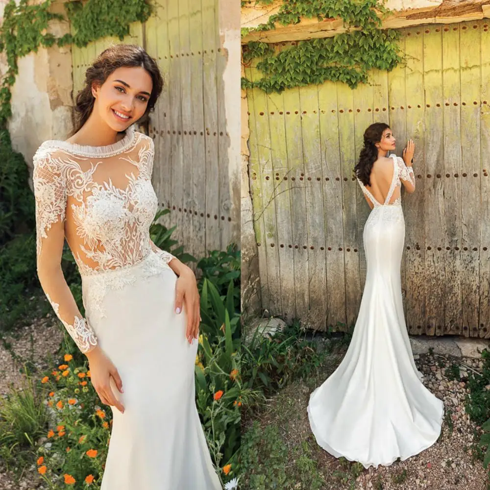 

2020 модное свадебное платье es с длинными рукавами с открытой спиной и кружевной аппликацией, пляжные свадебные платья на заказ, свадебное пл...