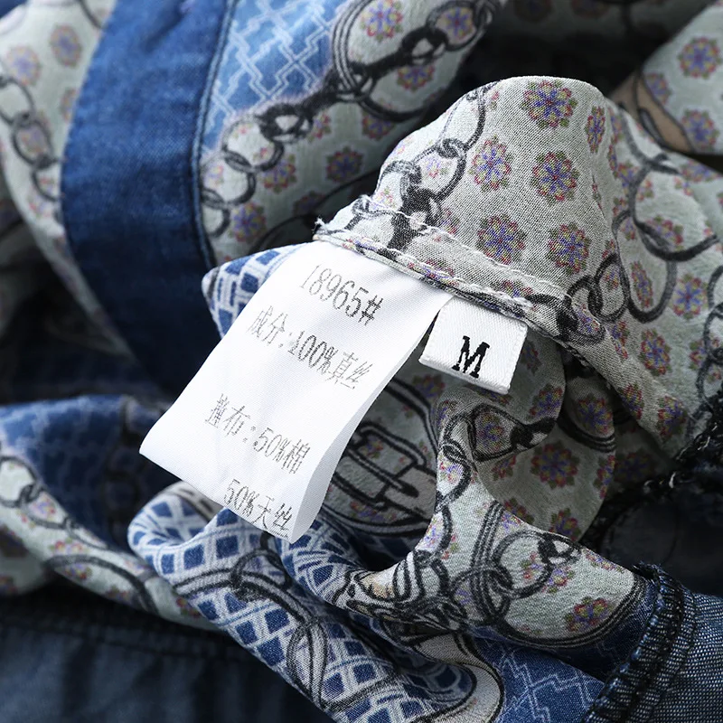 

2020 Summer Runway Women's Luxury Print Silk Patchwork Blue Shirt Tops Women's High-end Elegant Blouses