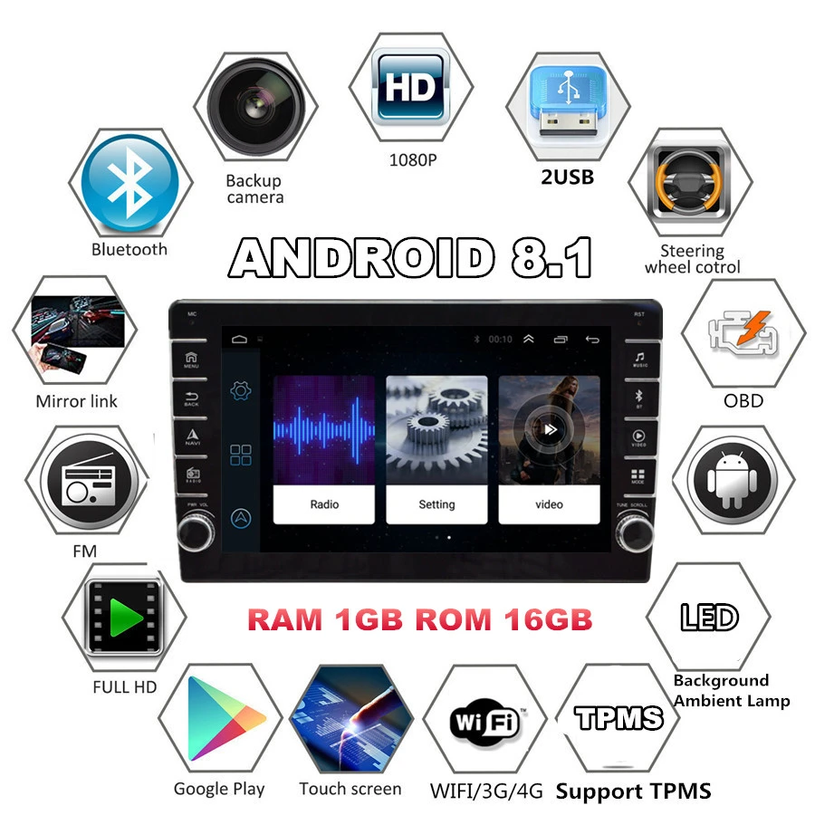 

1DIN 8" Car Stereo Touch Screen with Knob Button Android 8.1 Radio Gps Wifi Mirror Link Adjustable up and Down 1 + 16GB