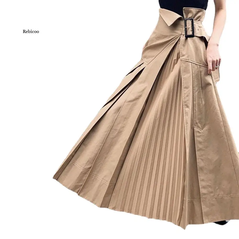 

Женская длинная юбка в Корейском стиле, плиссированная юбка цвета хаки с высокой талией в японском стиле Харадзюку, длинная туника, новинка ...