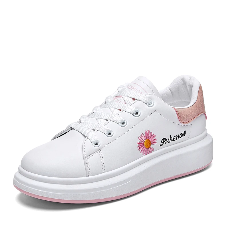 

Large Sizes 2018 New Fashion Women Casual Shoes White Pink Leather Breathable Flat Shoes Zapatillas Deportivas Mujer Lace Up