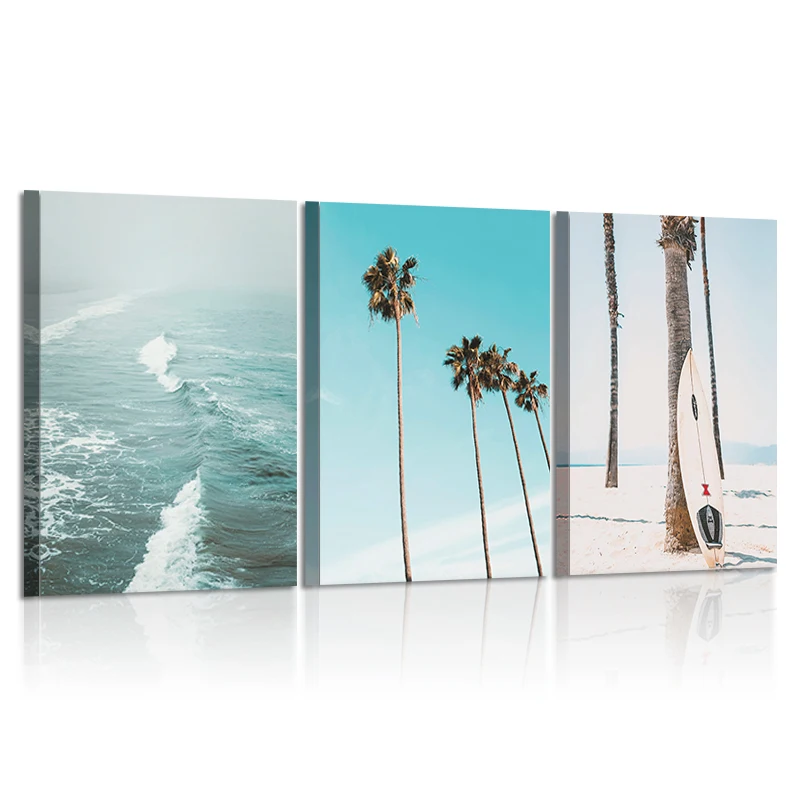 

Summer Palm Decoration Wall Art Nordic Coastal Set Art Beach Set of 3 Decoration Picture Surfing California Canvas Painting