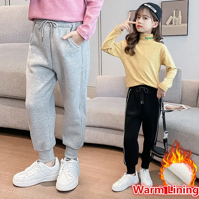 

Teens Girl Pants Grey Black Color 2021 Autumn Winter Elastic Waist Kids Sports Long Trousers Casual Style Children Clothes 5-14Y