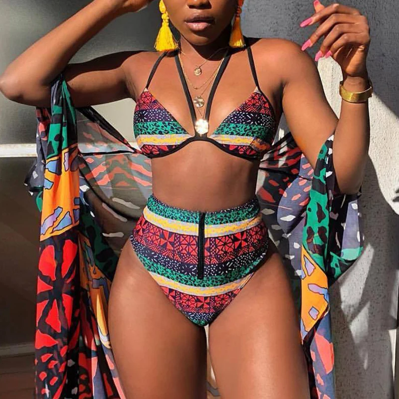 

African Tribal Pattern Swimwear women Vintage Retro Bikini set 2020 New Bandage High waist Bathing suit Push up Women's swimsuit