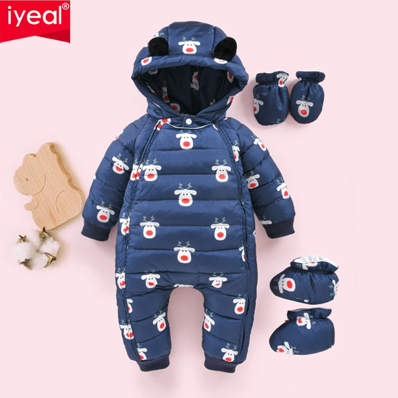 

IYREAL Christmas Childrens Jumpsuit 90% White Duck Down Jacket Winter Boys Girls Hooded Deer Warm Outerwear Kids Baby Down Coats
