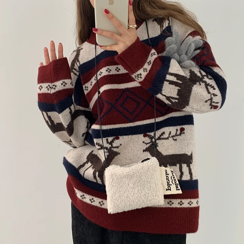 

2020 Christmas Plus Size Fashionable Women'S Sweater Diamond Lattice Striped Deer Jacquard Pullover Ladies Sweater