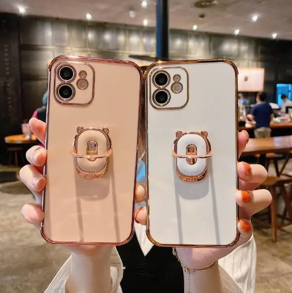 

New Apple 12 cute bear ear invisible plating bracket case for iPhone 11 solid color case