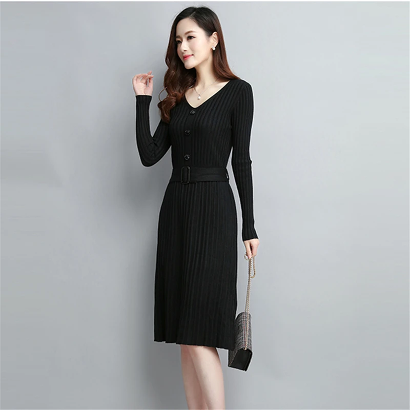 

Fashion Autumn Long knitted Dress Women New Long sleeve Sweater V-neck Belt Slim Bottoming Sweater Dress Pleated Ladies Dresses
