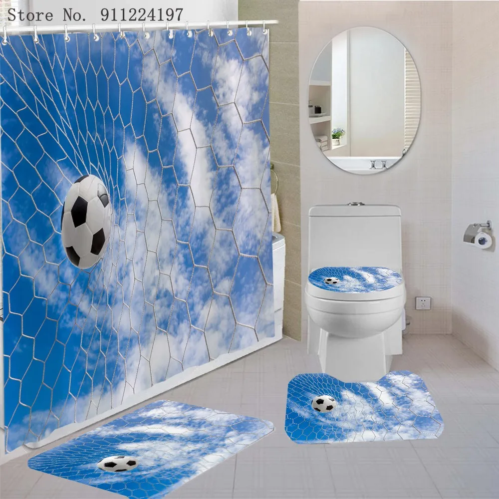 

Водонепроницаемая занавеска для душа с 3d-изображением футбольного поля, с 12 крючками, 4 шт., набор ковриков для ванной, нескользящий ковер, кр...