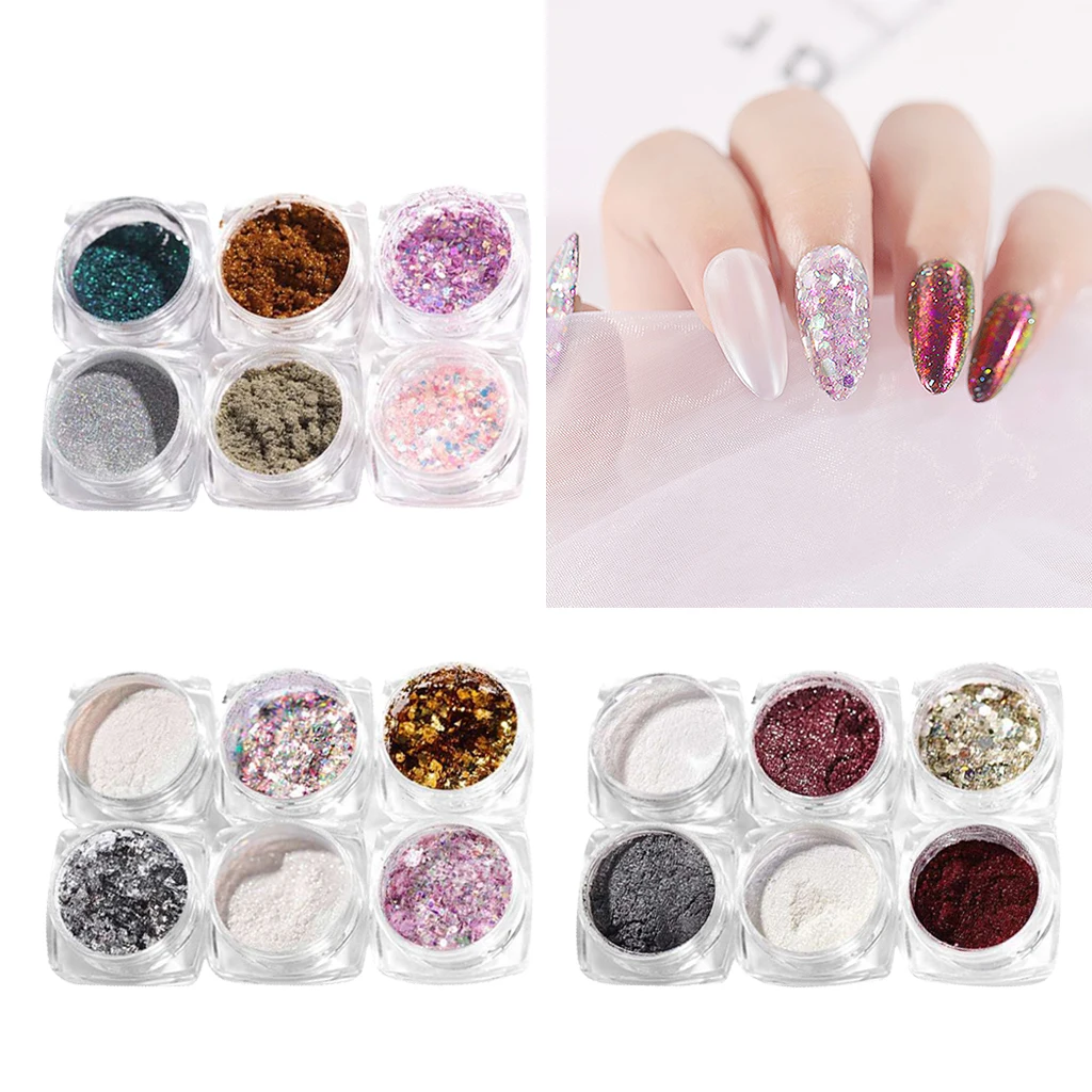 

6 Colors Nail Tips Decor Glitter Mirror Powder Confetti DIY Flakes Paillette