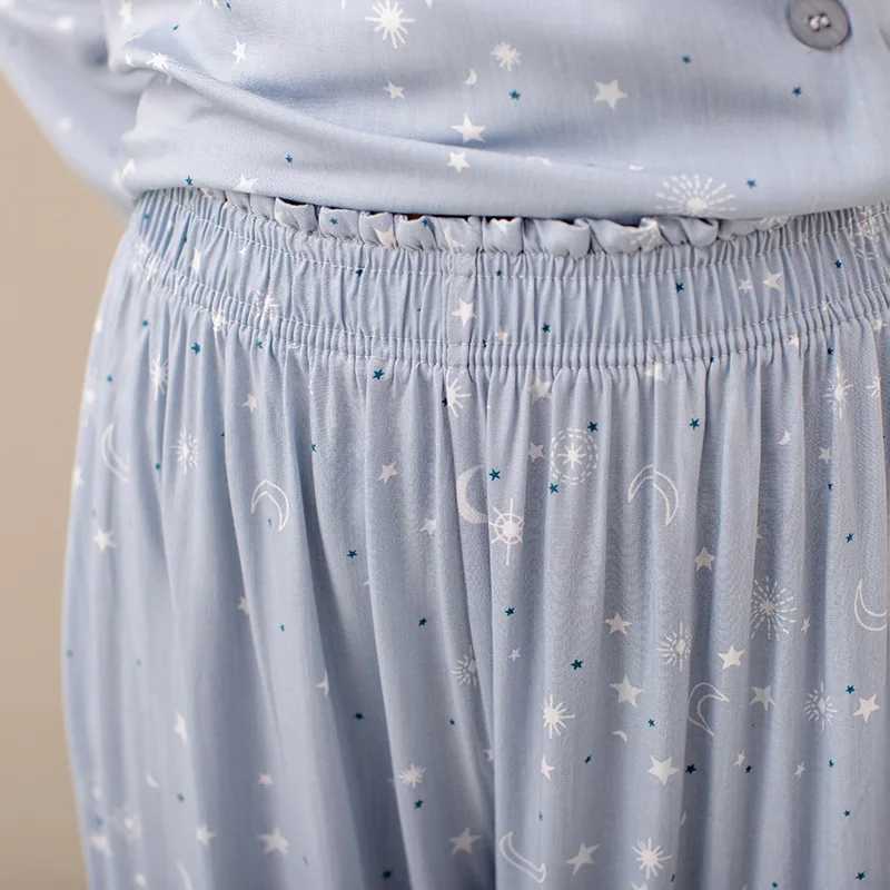 

Spring Rayon Pajamas Long Sleeve Elegant Lady Pyjamas Women Blue Star Moon Print Sleepwear Viscose 2 Piece Pijamas Home Wear Set