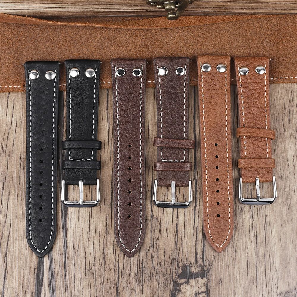 

Genuine Leather Lychee Pattern Watch Band Black Coffee Brown Rivets Watchband Wrist Strap Belt Bracelet 18mm 20mm 22mm 24mm