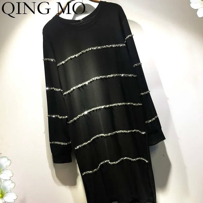 Цин MO Черный блесток платье толстовка с бисером женские пуловеры в полоску